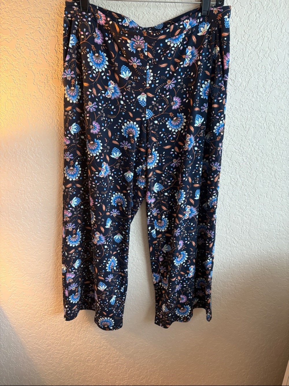 Black Floral Wide-Leg Pants with Blue & Pink Blooms
